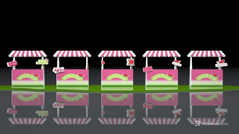Pink Stalls With White Striped Awnings Green Decorations And Flags With Reflections 3d model 