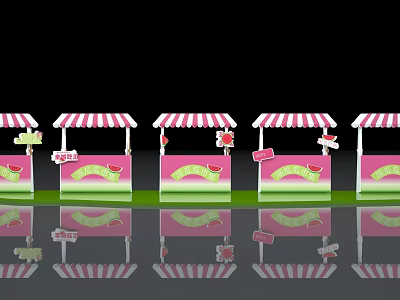 Pink Stalls With White Striped Awnings Green Decorations And Flags With Reflections 3d model