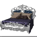 Elegant Ornate Double Bed With White Carved Frame Blue Upholstered Headboard And Purple Quilted Mattress