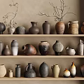 Various Shaped Ceramic Vessels In Earth Tones Displayed On Wooden Shelves