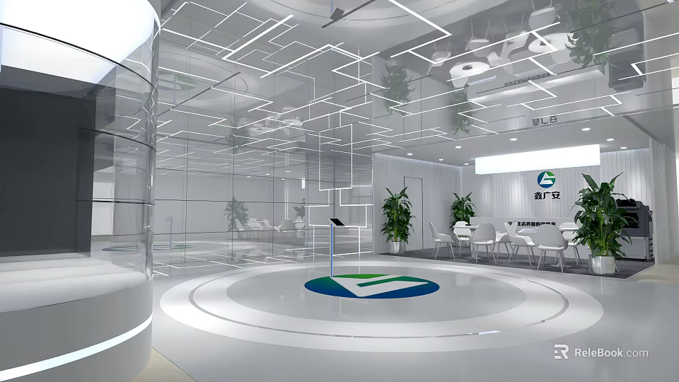 Modern Sales Office Interior Design With Glass Walls Circular Platform And Green Plants 3d model 