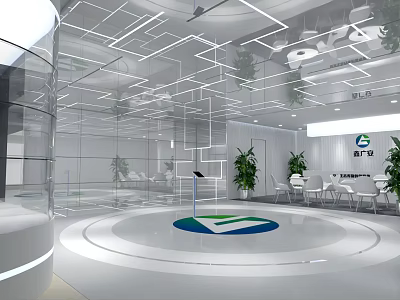 Modern Sales Office Interior Design With Glass Walls Circular Platform And Green Plants 3d model