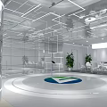 Modern Sales Office Interior Design With Glass Walls Circular Platform And Green Plants