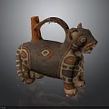 Traditional Animal Shaped Pottery Sculpture Carving with Colorful Geometric Patterns and Decorative Handle