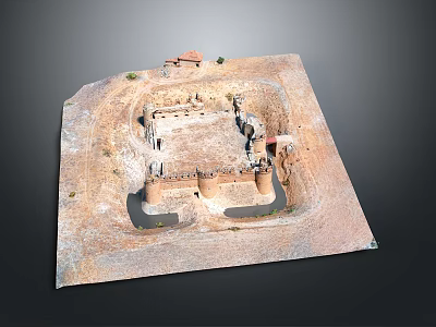 Ancient Fortress Architectural Model With City Walls Towers And Sandy Ground 3d model