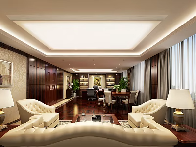 Modern Luxurious Office Interior Design With Leather Sofas Wooden Furniture And Green Plants 3d model
