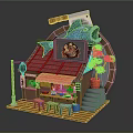 Cartoon Scene of Japanese Restaurant with Red Roof Blue Fish Decoration Signboard Tables Stools Lantern