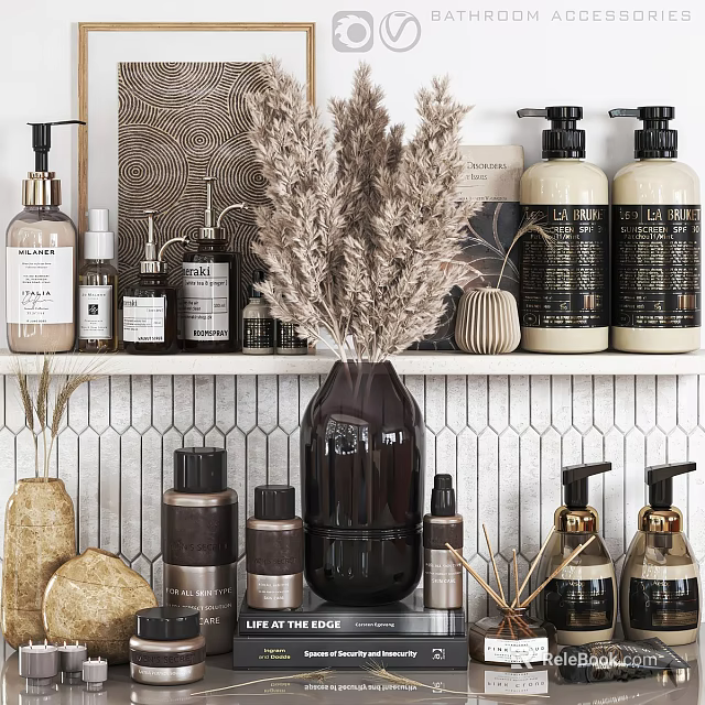 Stylish Bathroom Accessories With Bottles And Decorative Elements 3d model