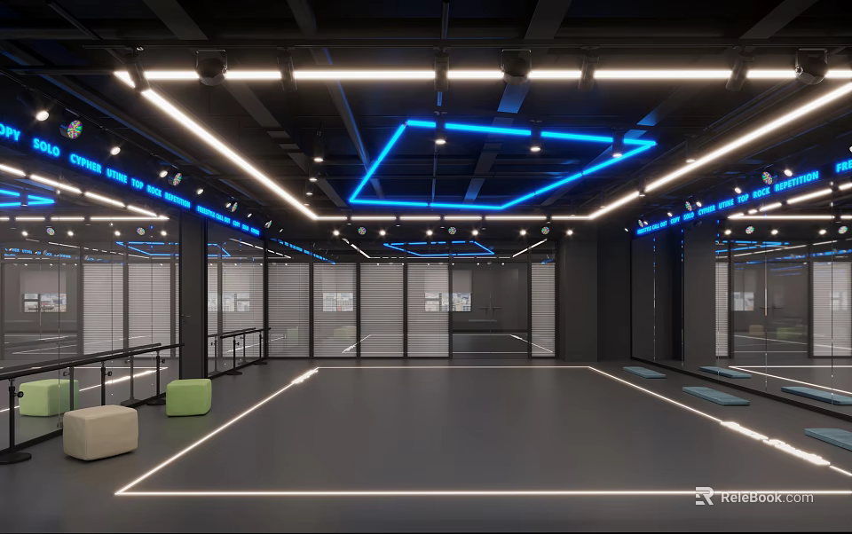 Modern Ballroom Interior With Black Floor Blue White Ceiling Light Strips Glass Partitions And Seats 3d model 