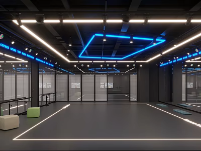 Modern Ballroom Interior With Black Floor Blue White Ceiling Light Strips Glass Partitions And Seats 3d model