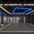 Modern Ballroom Interior With Black Floor Blue White Ceiling Light Strips Glass Partitions And Seats