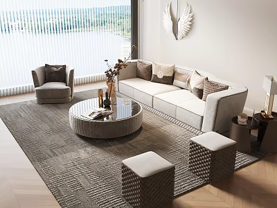 Modern Sofa Coffee Table Combination In Living Room With Throw Pillows Stools And View 3d model
