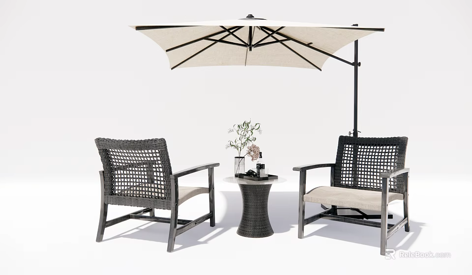 Stylish Outdoor Table with Wicker Chairs and Decorative Items Under Umbrella Shade 3d model 