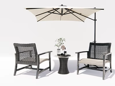 Stylish Outdoor Table with Wicker Chairs and Decorative Items Under Umbrella Shade 3d model