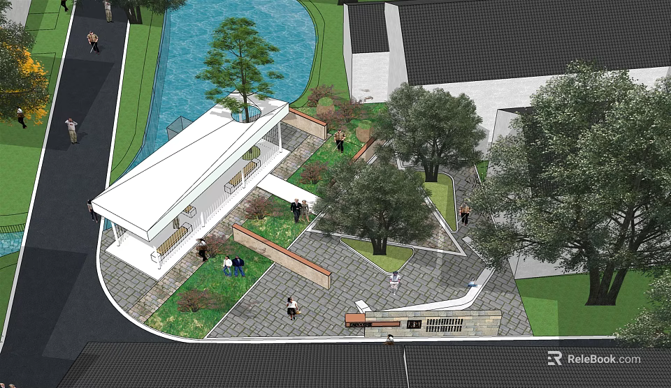 Modern Landscape Design With Water Pool Trees Open Space And Pedestrian Walkway 3d model 