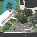 Modern Landscape Design With Water Pool Trees Open Space And Pedestrian Walkway