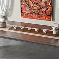 Traditional Chinese Tea Set on Wooden Table with Tray Porcelain Cups and Colorful Tapestry