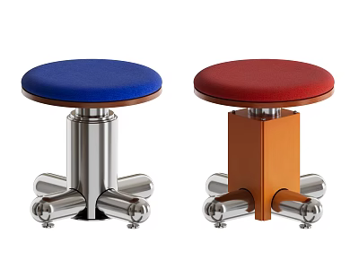 Blue And Red Shoe Stools With Round Padded Seats And Silver Metal Brown Wood Bases 3d model