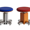 Blue And Red Shoe Stools With Round Padded Seats And Silver Metal Brown Wood Bases