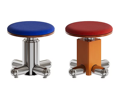 Blue And Red Shoe Stools With Round Padded Seats And Silver Metal Brown Wood Bases 3d model