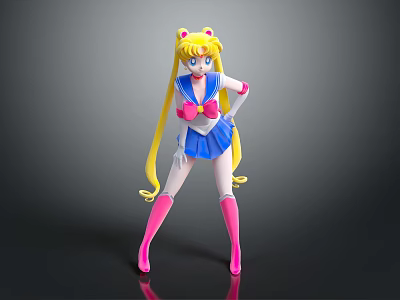 Anime Game Character Sailor Moon In Blue Sailor Uniform With Blonde Hair Pink Bow And Pink Thigh High Socks 3d model