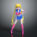Anime Game Character Sailor Moon In Blue Sailor Uniform With Blonde Hair Pink Bow And Pink Thigh High Socks