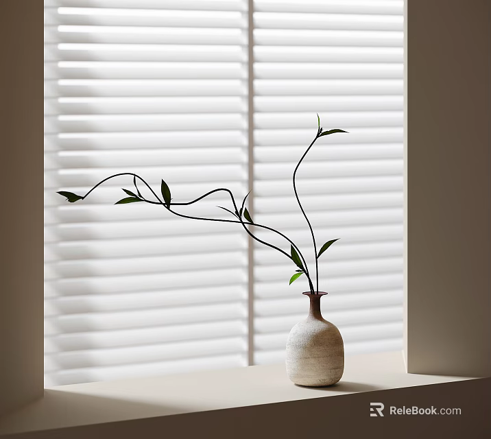 Light Colored Vase With Slender Green Leaf Branches Placed On Windowsill Against White Window Blinds Background 3d model