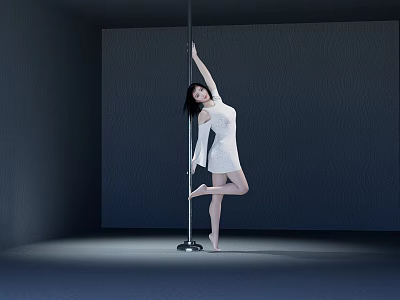 Woman Performing Pole Dance In White Dress With Dark Wall And Floor Under Focused Spotlight 3d model
