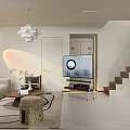 Modern Living Dining Room Interior With Beige Sofa Geometric Rug Dining Table And Artwork