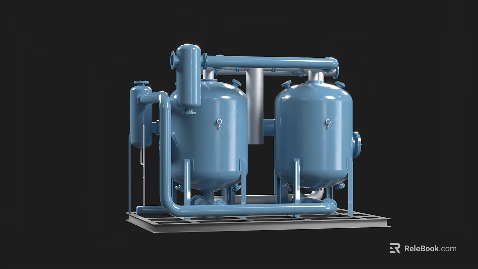 Industrial Equipment Featuring Blue Storage Tanks With Pipes And Metal Frames On Black Background 3d model 