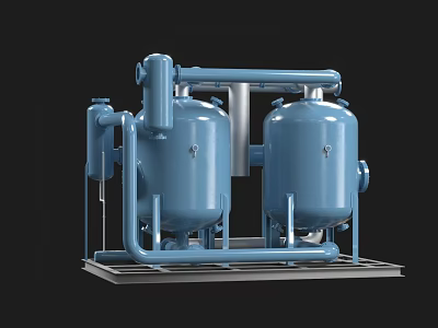 Industrial Equipment Featuring Blue Storage Tanks With Pipes And Metal Frames On Black Background 3d model