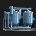 Industrial Equipment Featuring Blue Storage Tanks With Pipes And Metal Frames On Black Background