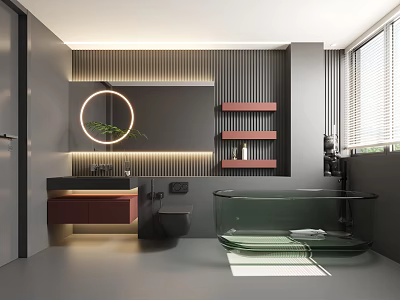 Modern Bathroom Interior With Glass Bathtub Vanity Mirror Lighting And Wooden Shelves 3d model