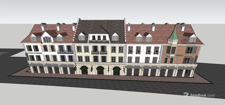 European Style Commercial Street With Red Roofs Arched Doors And Balconies 3d model 