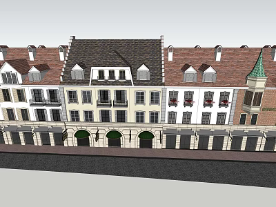 European Style Commercial Street With Red Roofs Arched Doors And Balconies 3d model