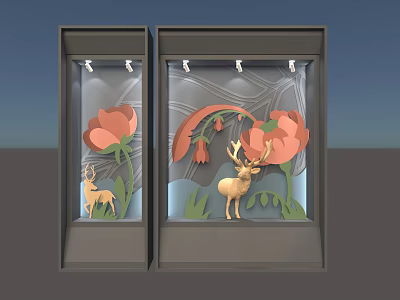 Elegant Window Display With Red Flowers Deer Figurines And Wavy Background Lighting 3d model