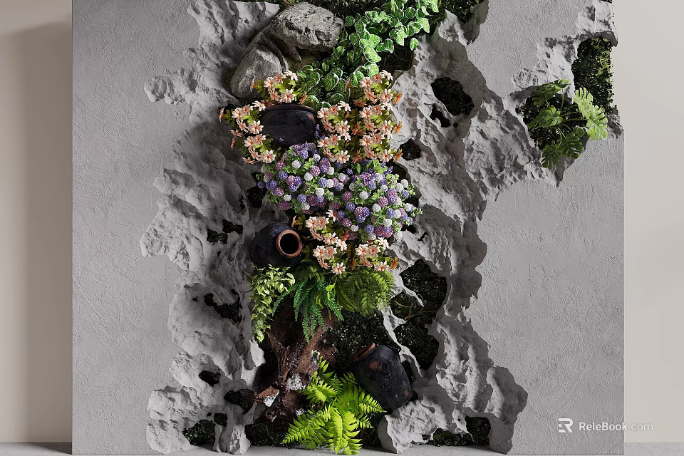 Green Plant Wall With Various Plants Colorful Flowers And Stone Texture 3d model 