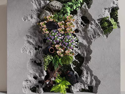 Green Plant Wall With Various Plants Colorful Flowers And Stone Texture 3d model