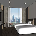 Modern Hotel Room Interior With Two Double Beds Large Windows City View And TV