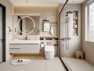 Modern Bathroom Interior Design With Round Mirror Vanity Glass Shower And Light Tiles 3d model