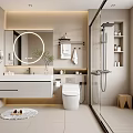 Modern Bathroom Interior Design With Round Mirror Vanity Glass Shower And Light Tiles