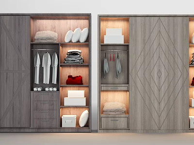 Elegant Modern Wooden Wardrobe Design With Interior Lighting Shelves Hanging Rods And Drawers 3d model