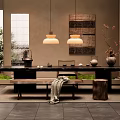 Serene Traditional Tea Room Interior With Wooden Table Hanging Lamps And Decorative Painting
