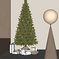Tall Green Pine Tree Decorated With String Lights In Indoor Space 3d model