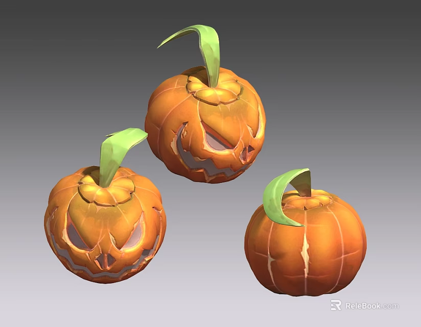Three Halloween Jack o Lanterns With Carved Faces And Green Stems 3d model 