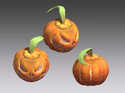 Three Halloween Jack o Lanterns With Carved Faces And Green Stems 3d model
