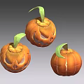 Three Halloween Jack o Lanterns With Carved Faces And Green Stems