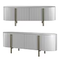 Modern Silver TV Stand With Vertical Slatted Panels Metal Handles And Legs
