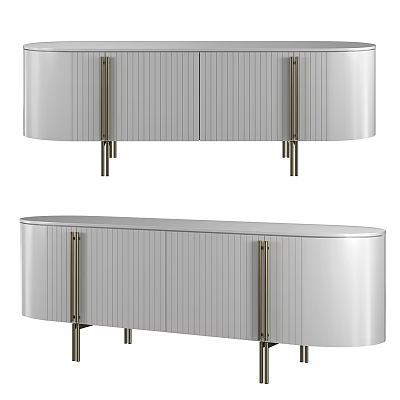 Modern Silver TV Stand With Vertical Slatted Panels Metal Handles And Legs 3d model