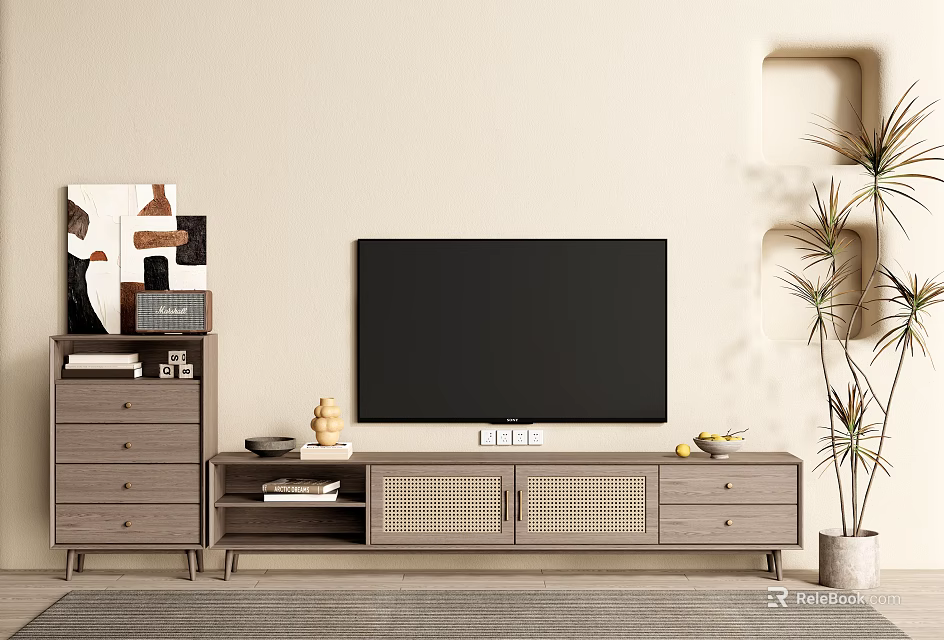 Minimalist Modern TV Stand with TV Artwork Decorative Items and Plant 3d model 